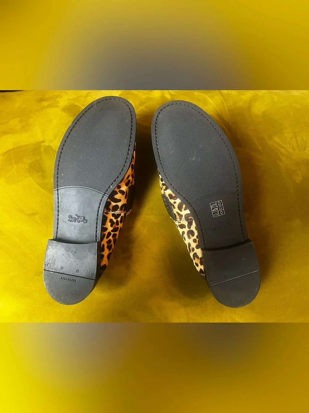 Coach Women's Leopard Print Loafers with Black Strap and Gold Chain